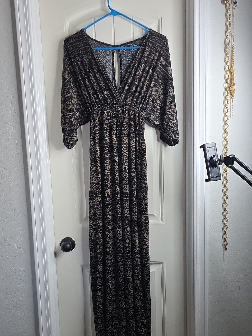 Black and Cream Patterned Maxi Dress - Women